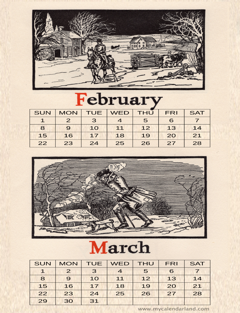 print-calendar-february-and-march-vintage