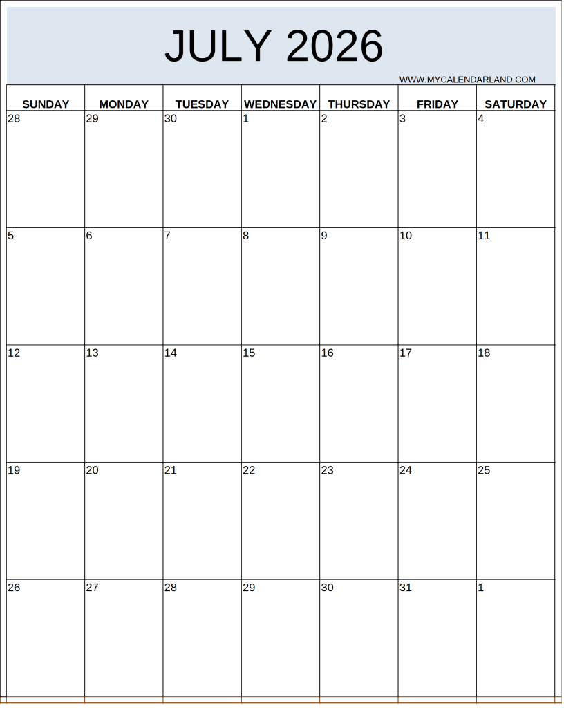 free printable july 2026 calendar