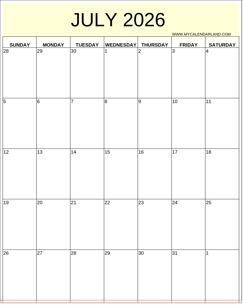 july 2026 calendar to print